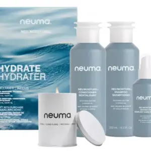 Neuma Neu Moisture Hydrate gift set for moisturizing dry and damaged hair + free candle and spray